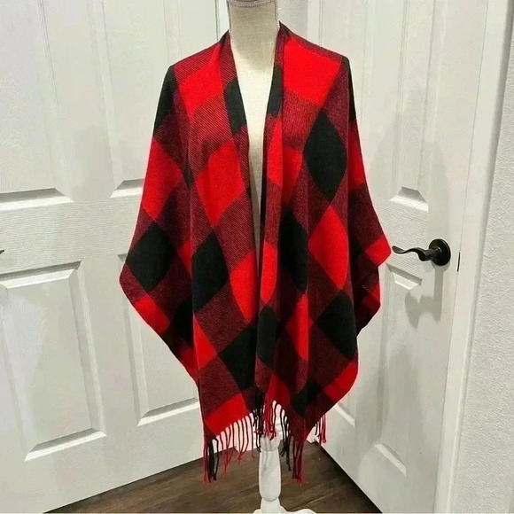 Blanket wrap / scarf in red and black plaid.  Fall, football, cozy - Picture 3 of 5